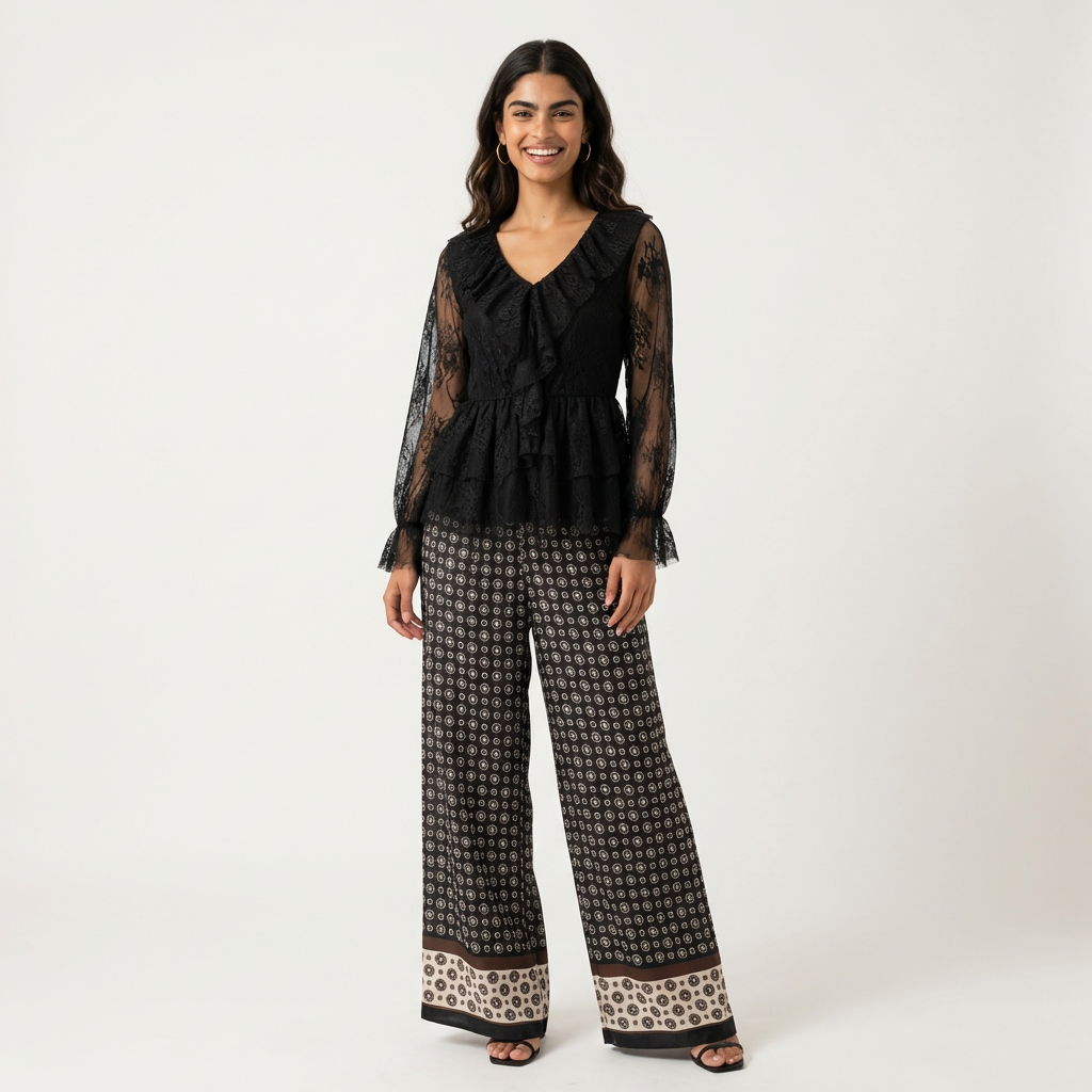 Ensemble Top Dentelle Froufrou / Pantalon Damier en Soie