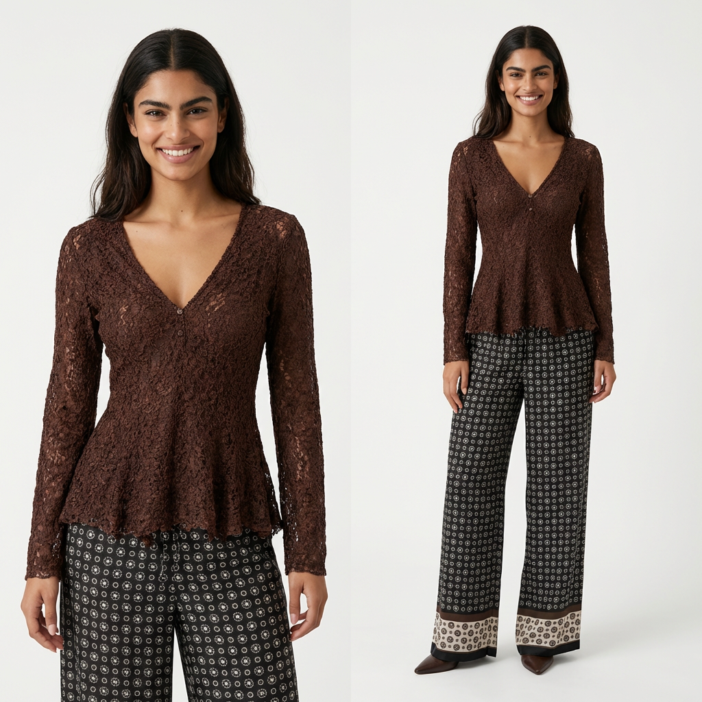 Ensemble Pantalon Damier en Soie / Top Dentelle
