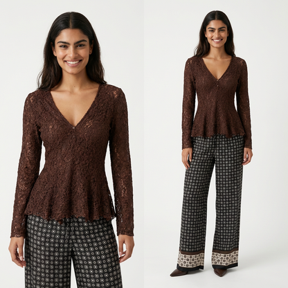 Ensemble Pantalon Damier en Soie / Top Dentelle
