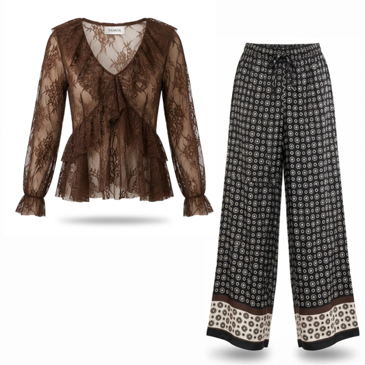 Ensemble Top Dentelle Froufrou / Pantalon Damier en Soie