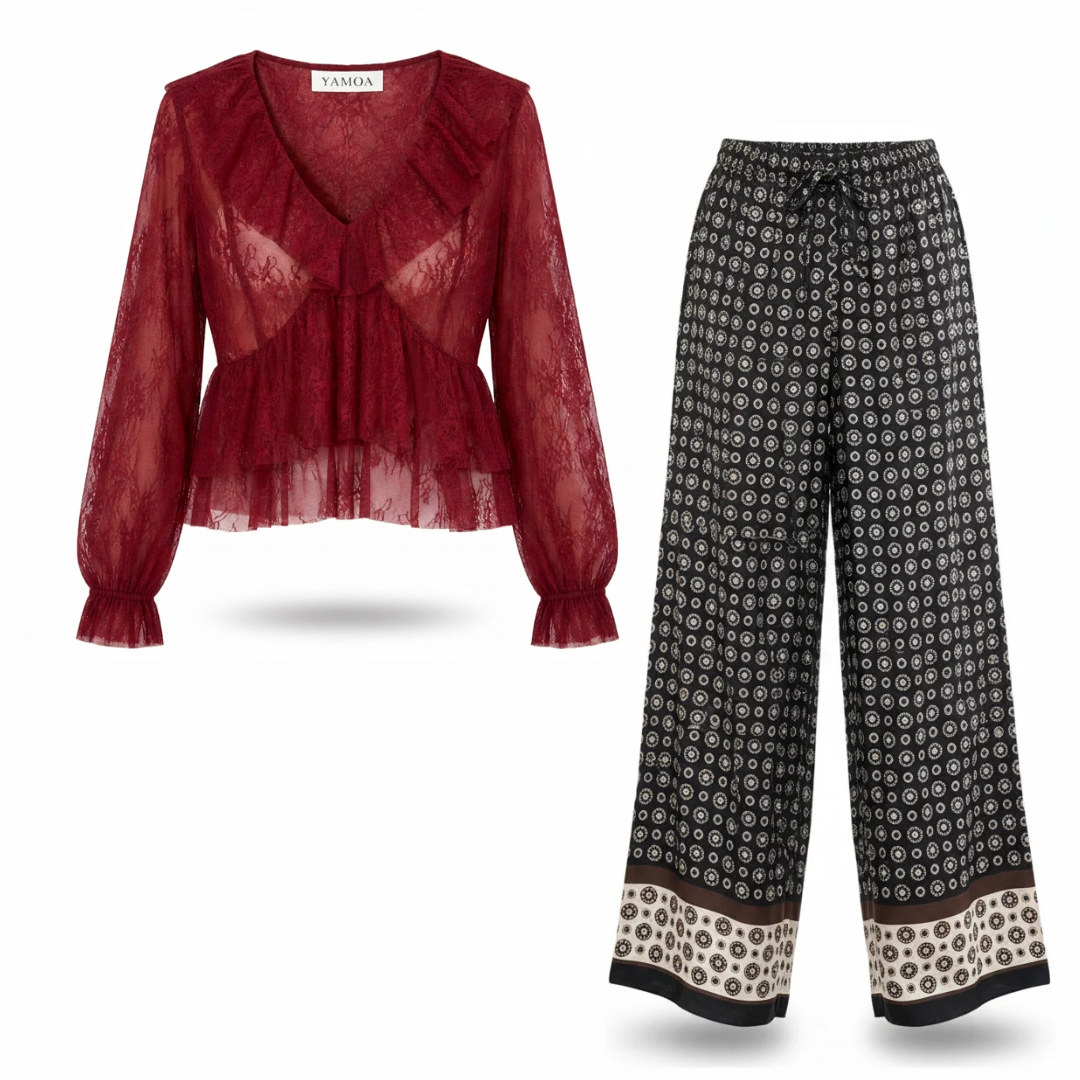 Ensemble Top Dentelle Froufrou / Pantalon Damier en Soie