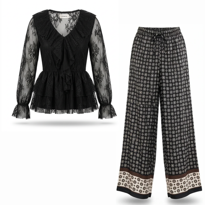 Ensemble Top Dentelle Froufrou / Pantalon Damier en Soie