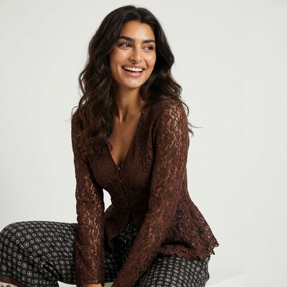 Ensemble Pantalon Damier en Soie / Top Dentelle