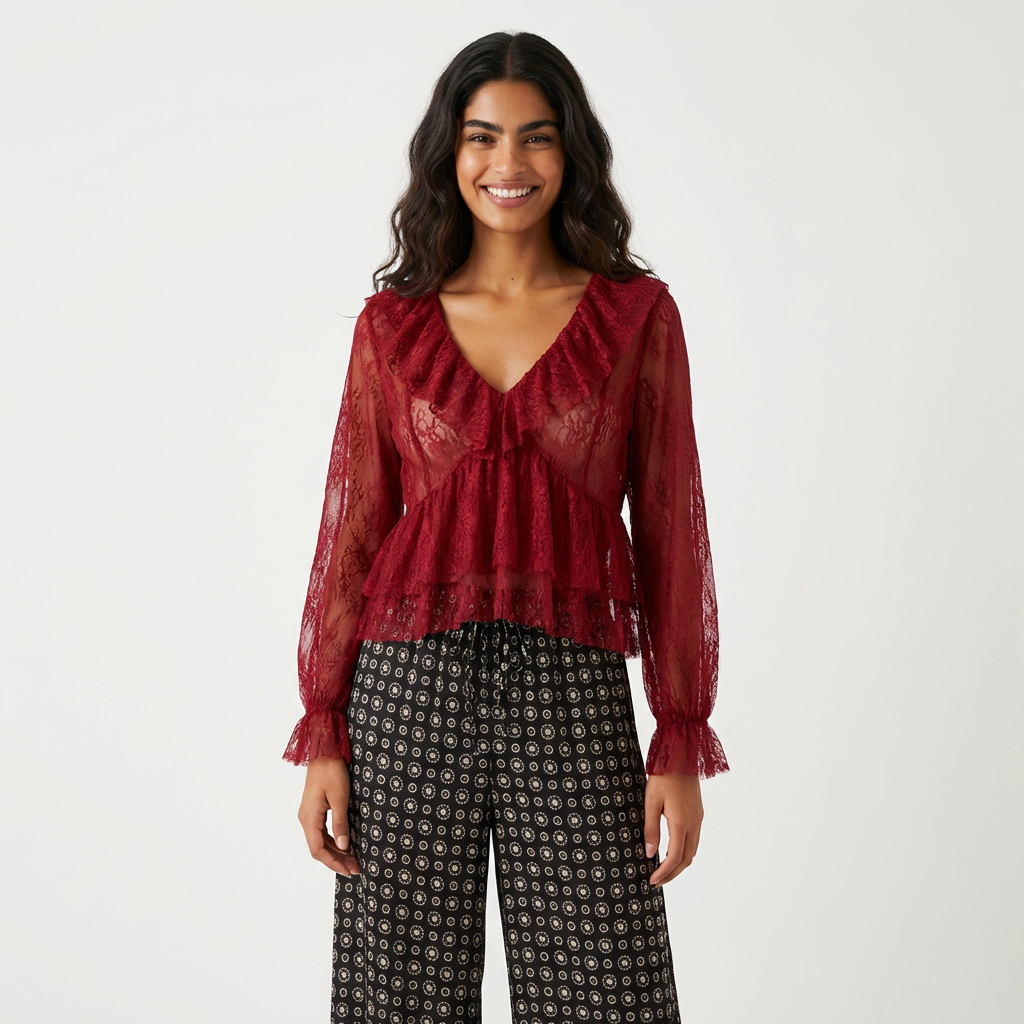 Ensemble Top Dentelle Froufrou / Pantalon Damier en Soie