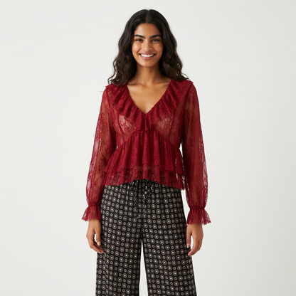 Ensemble Top Dentelle Froufrou / Pantalon Damier en Soie