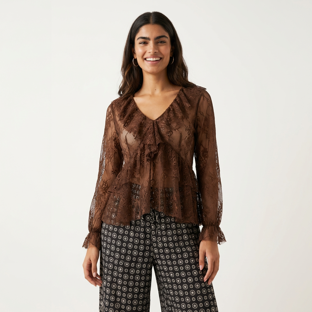 Ensemble Top Dentelle Froufrou / Pantalon Damier en Soie