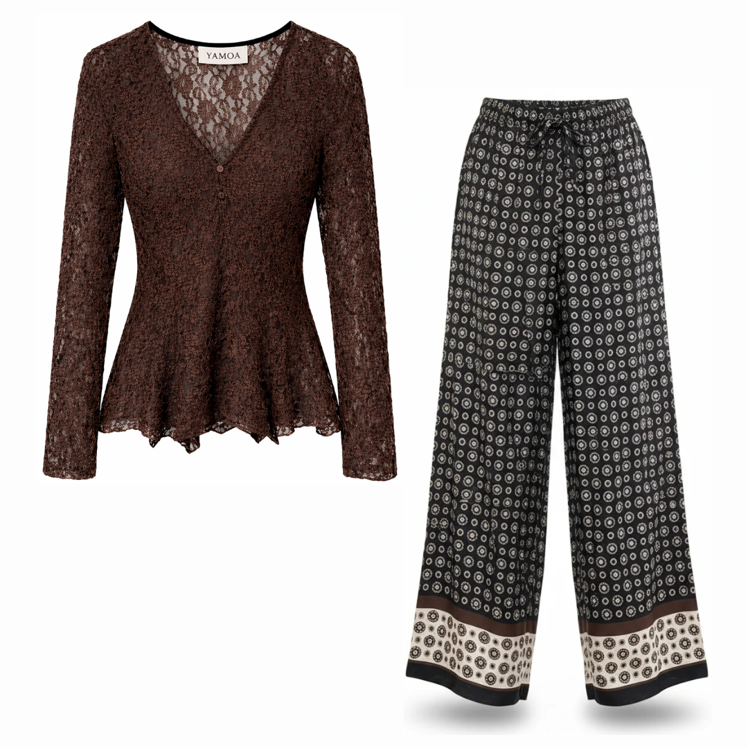 Ensemble Pantalon Damier en Soie / Top Dentelle