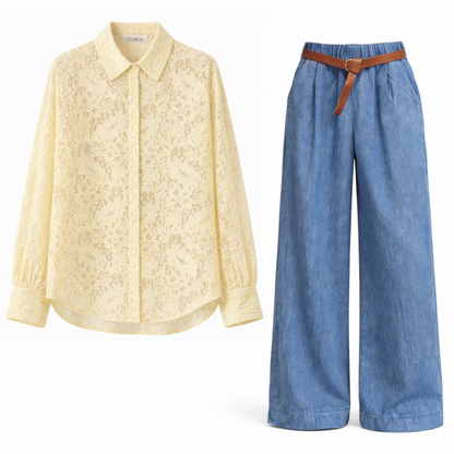 Ensemble Chemise en Dentelle / Pantalon en Jean Tencelle